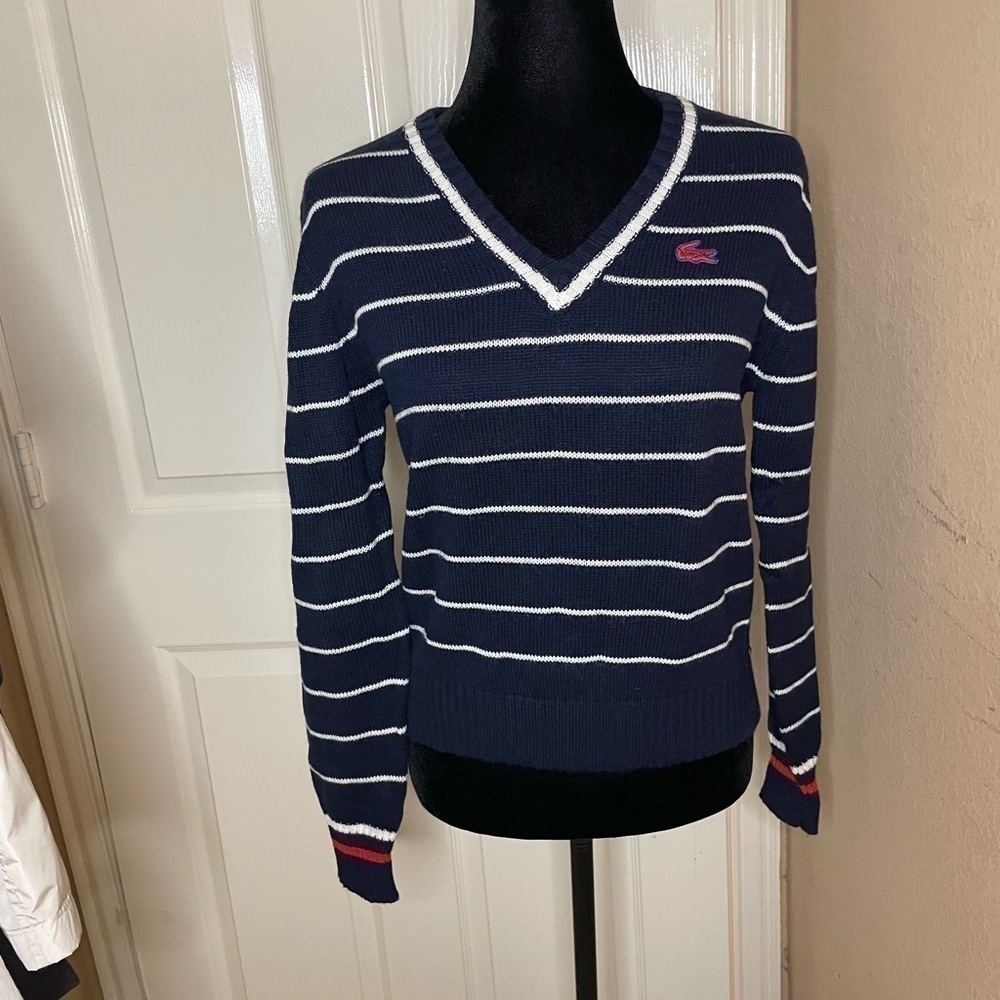 Vintage Women LACOSTE V-Neck Sweater Navy w/White Stripes & Red Crocodile 36/ Sm - Picture 3 of 10